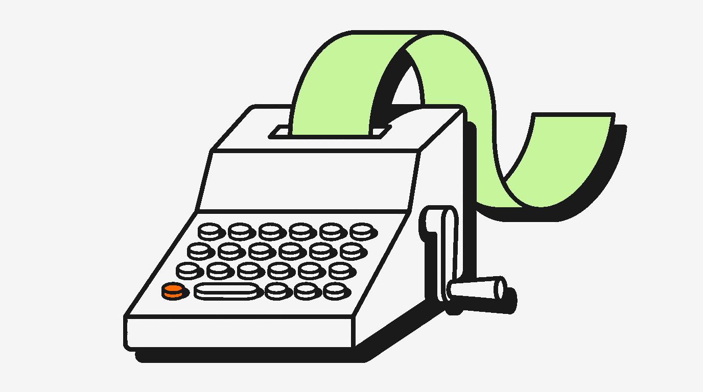 A hand-crank mechanical adding machine with a long paper tape curling from the top