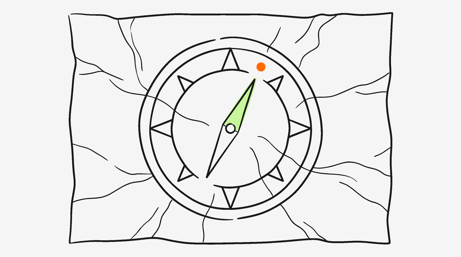 Compass rose drawn on crumpled paper with the needle pointing to a RETURN RATE marker, showing return rate as the true signal for creative decisions