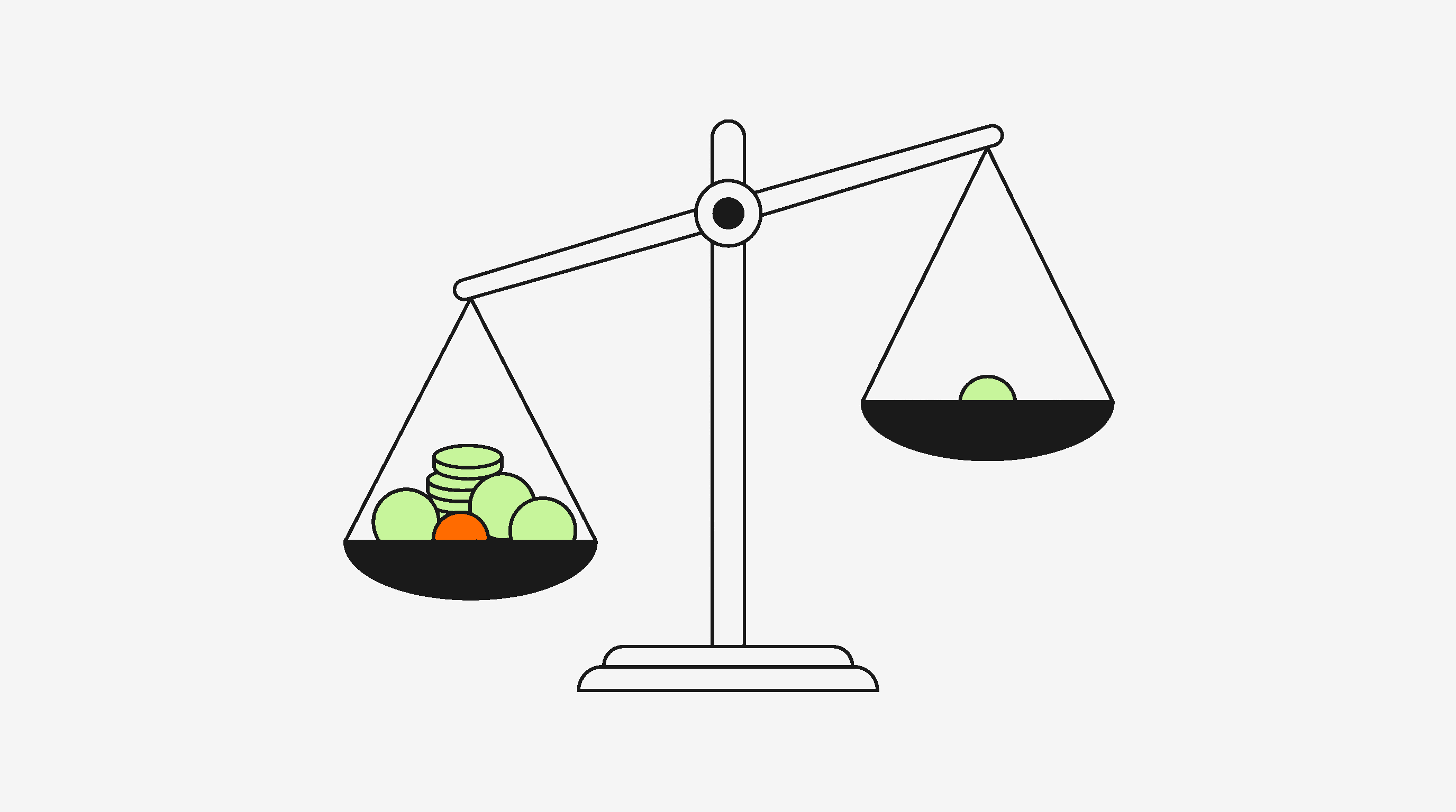 Stylized balance scale tilted to show one heavy pan stacked with lime tokens against an almost-empty pan, illustrating the lopsided math of TikTok Shop where most sellers never cross $5K/month while a small group carries all the GMV.